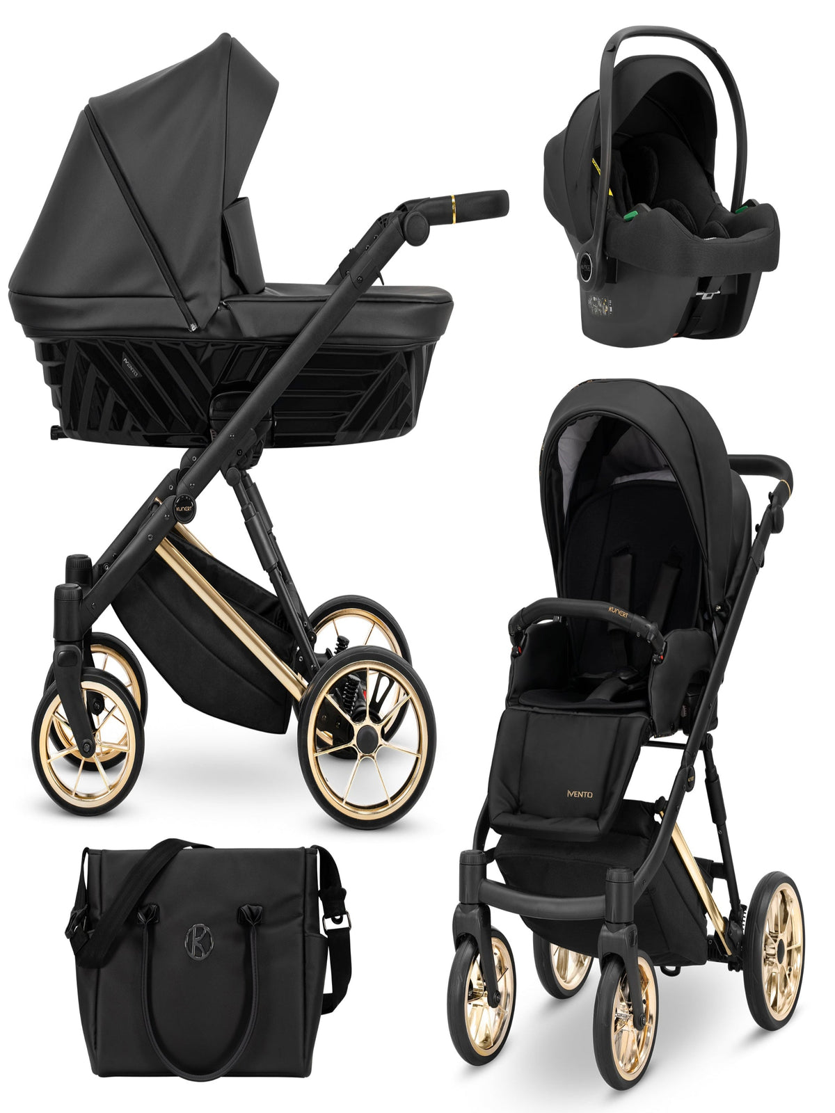 Passeggino trio Kunert Ivento Black Pearl 3in1 nero oro con ovetto Cosmo e borsa fasciatoio inclusa