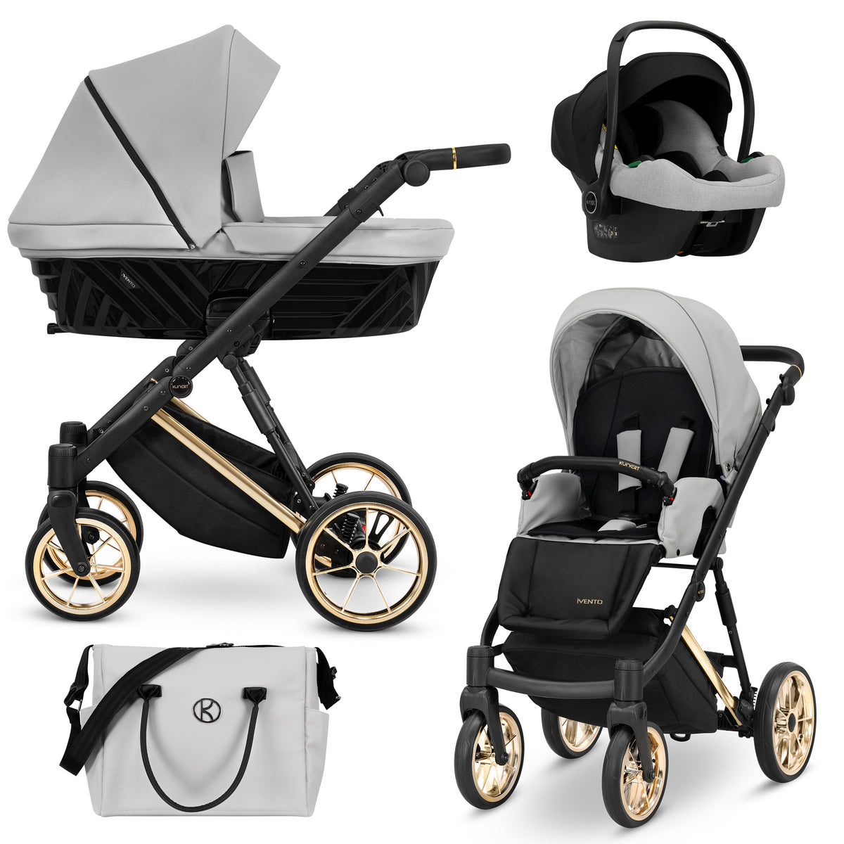 Passeggino trio Kunert Ivento 3in1 grigio con ovetto Cosmo e borsa fasciatoio, telaio nero ruote oro
