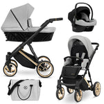 Passeggino trio Kunert Ivento 3in1 grigio con ovetto Cosmo e borsa fasciatoio, telaio nero ruote oro