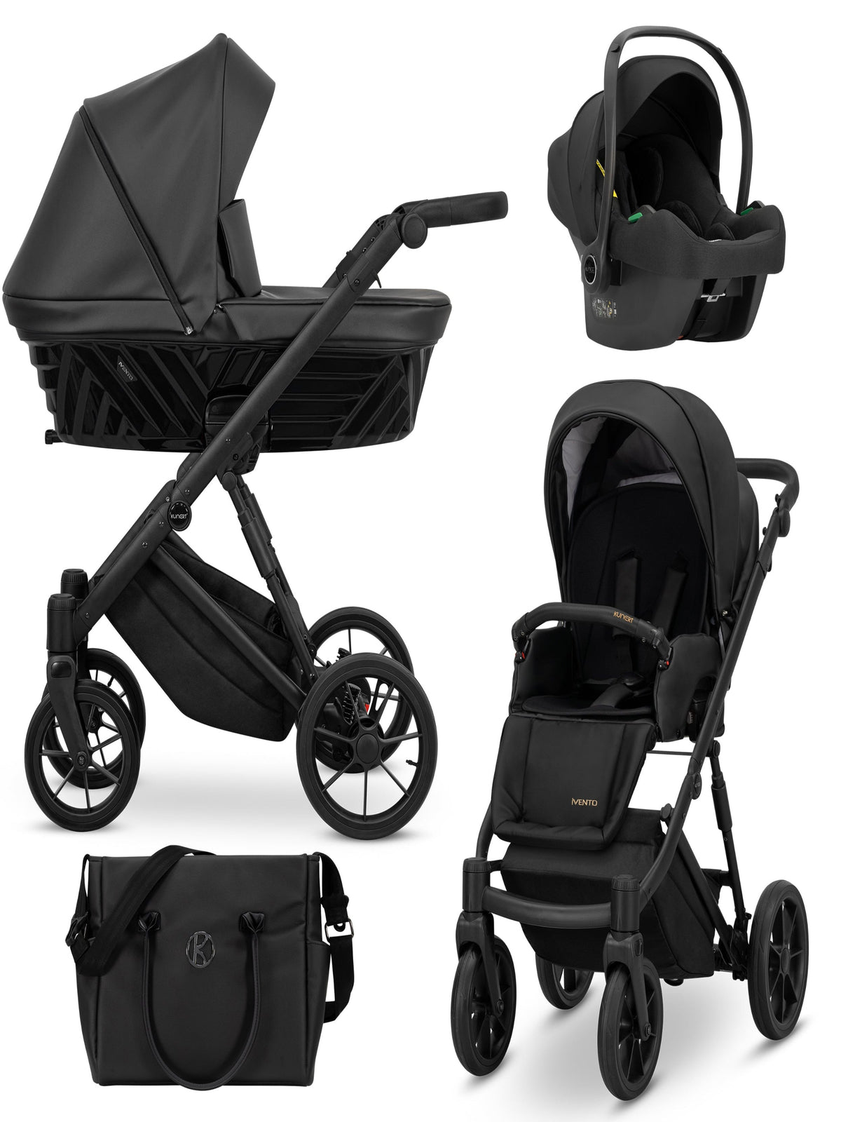 Passeggino trio Kunert Ivento 3in1 nero con ovetto Cosmo e borsa fasciatoio, telaio e ruote neri