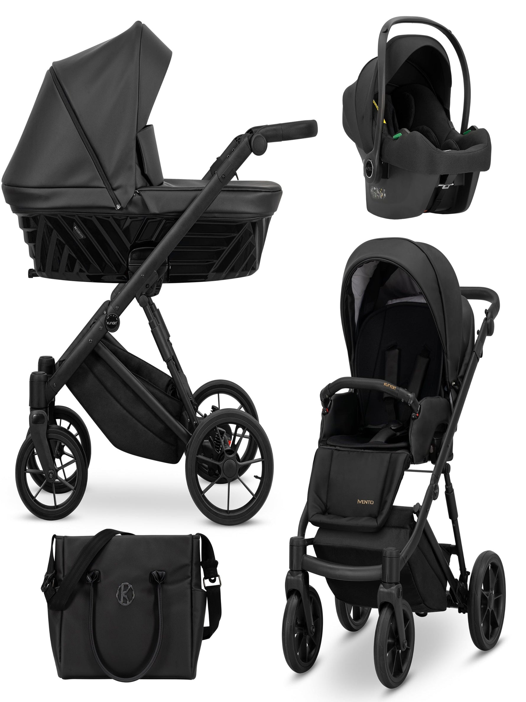 Passeggino trio Kunert Ivento 3in1 nero con ovetto Cosmo e borsa fasciatoio, telaio e ruote neri