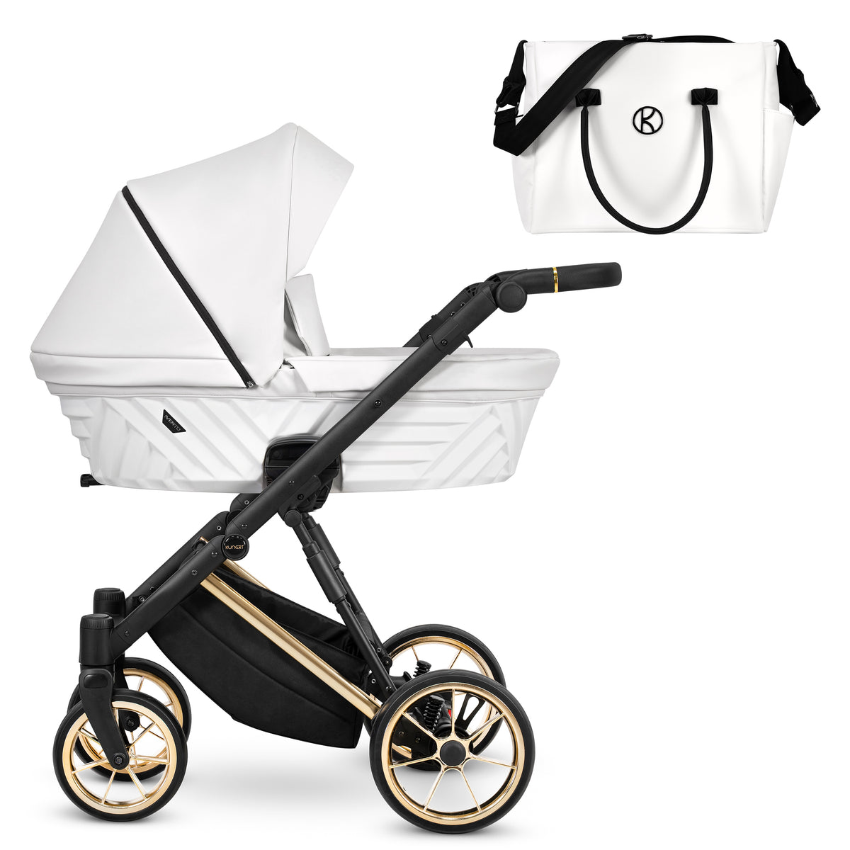 Kunert Ivento navicella in eco-pelle bianca con telaio nero, cerchi oro e borsa fasciatoio eco-pelle