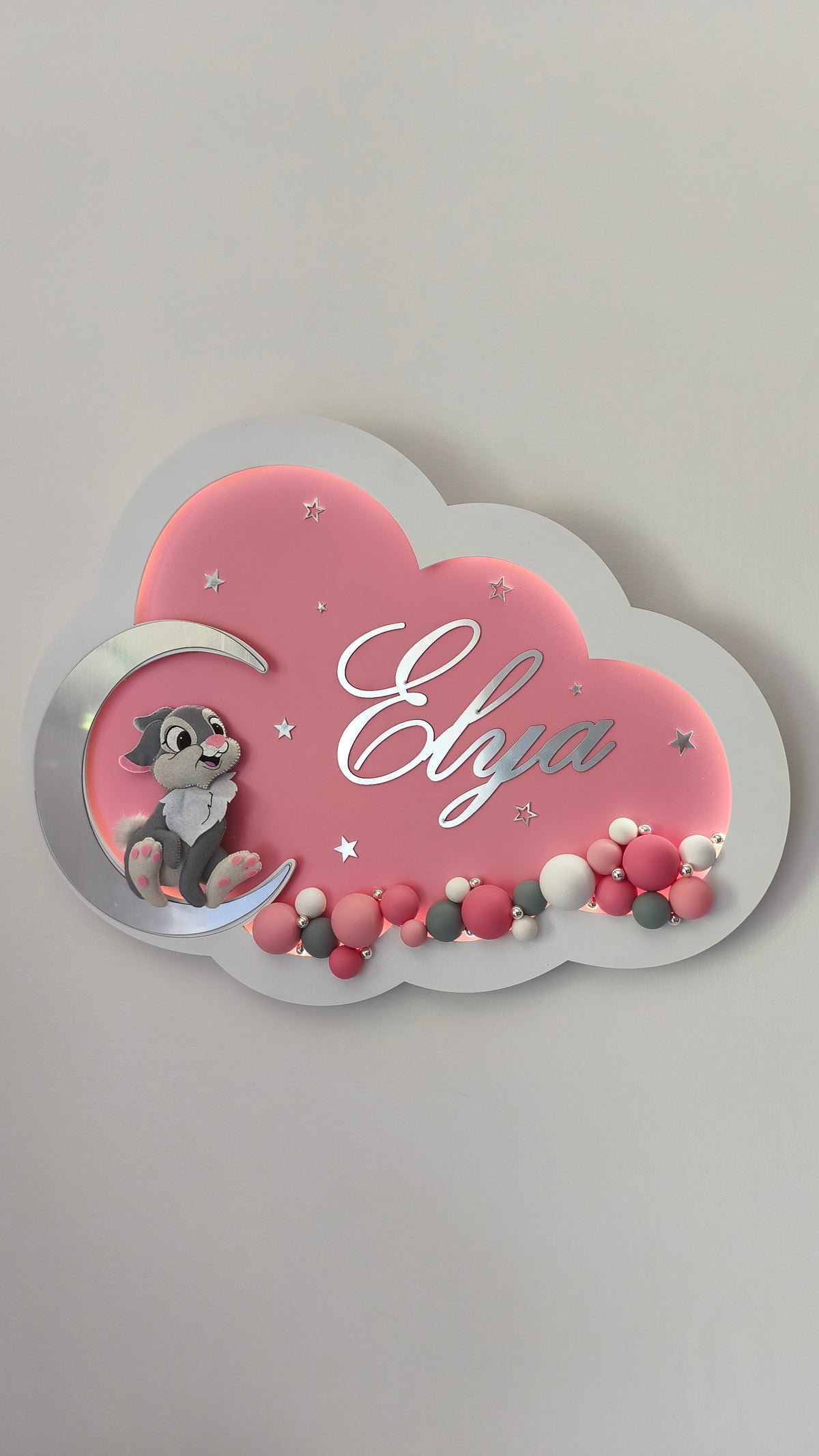 Lampada personalizzata bambina con coniglietto Tamburino, regalo nascita e battesimo con specchio argento e LED