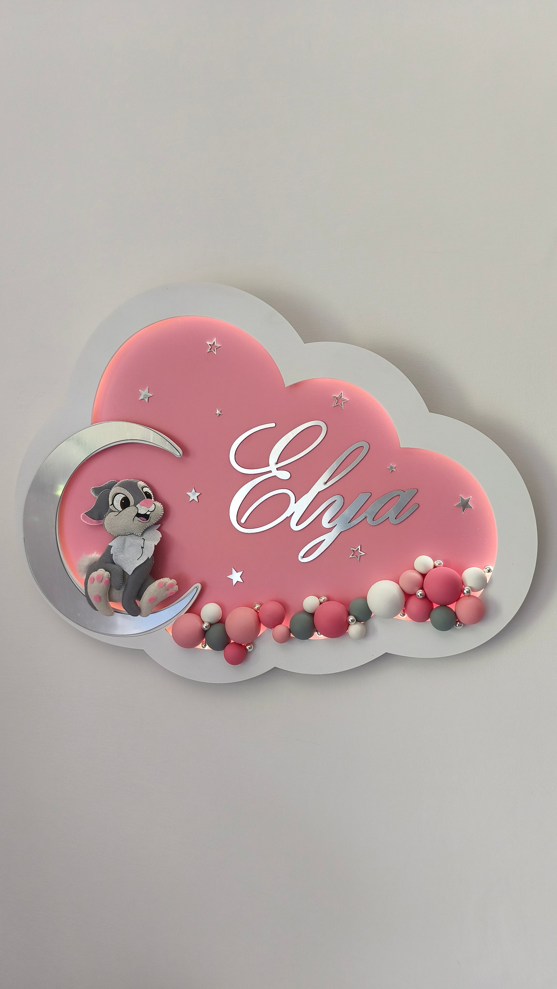 Lampada personalizzata bambina con coniglietto Tamburino, regalo nascita e battesimo con specchio argento e LED