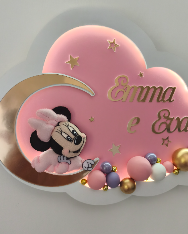Dettaglio lampada cameretta a nuvola rosa con Minnie sulla luna oro, stelle e nomi personalizzati in lettere oro