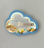 Lampada cameretta bambino a nuvola con Simba sulla luna, palline oro, stelle e nome personalizzato specchiato