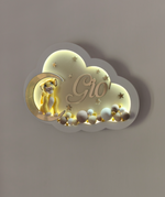 Lampada cameretta bambino a nuvola oro con Simba sulla luna, stelle e nome in lettere specchiate, decorazione da parete