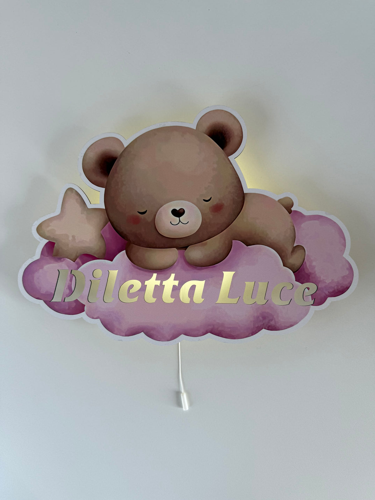 Lampada led orso su nuvola illuminata da muro, luce notturna stampata printer con scritte dorate per cameretta.