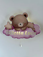 Lampada led orso su nuvola illuminata da muro, luce notturna stampata printer con scritte dorate per cameretta.