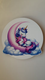 Lampada da parete tonda con due unicorni che dormono sulla luna, luce notturna stampata printer cameretta.