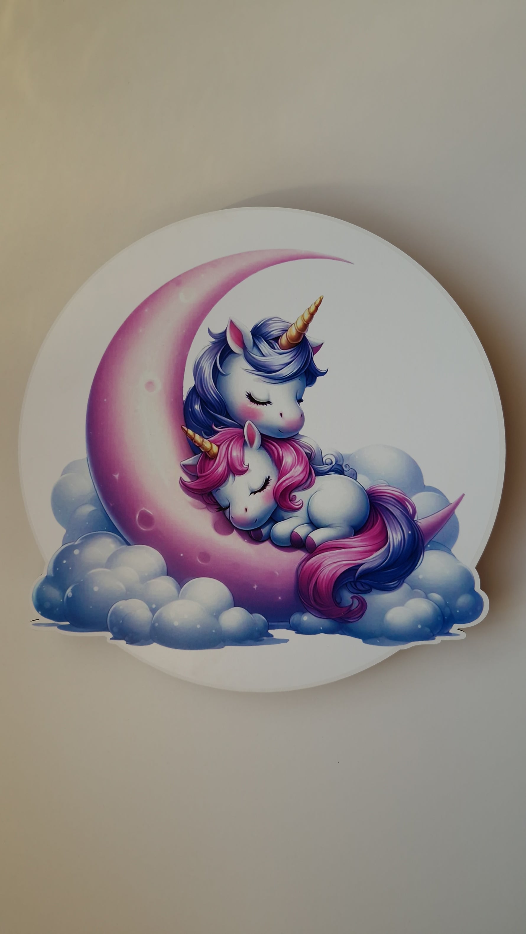 Lampada da parete tonda con due unicorni che dormono sulla luna, luce notturna stampata printer cameretta.