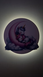 Lampada led tonda unicorni illuminata da muro, luce notturna stampata printer con effetto controluce soffuso.