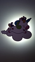 Lampada led unicorno con nuvola illuminata da muro, luce notturna stampata printer effetto controluce.