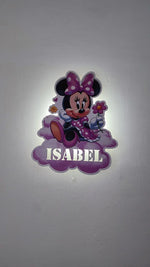 Lampada da parete Minnie Mouse illuminata su nuvola viola con fiore rosa, luce notturna stampata printer cameretta.
