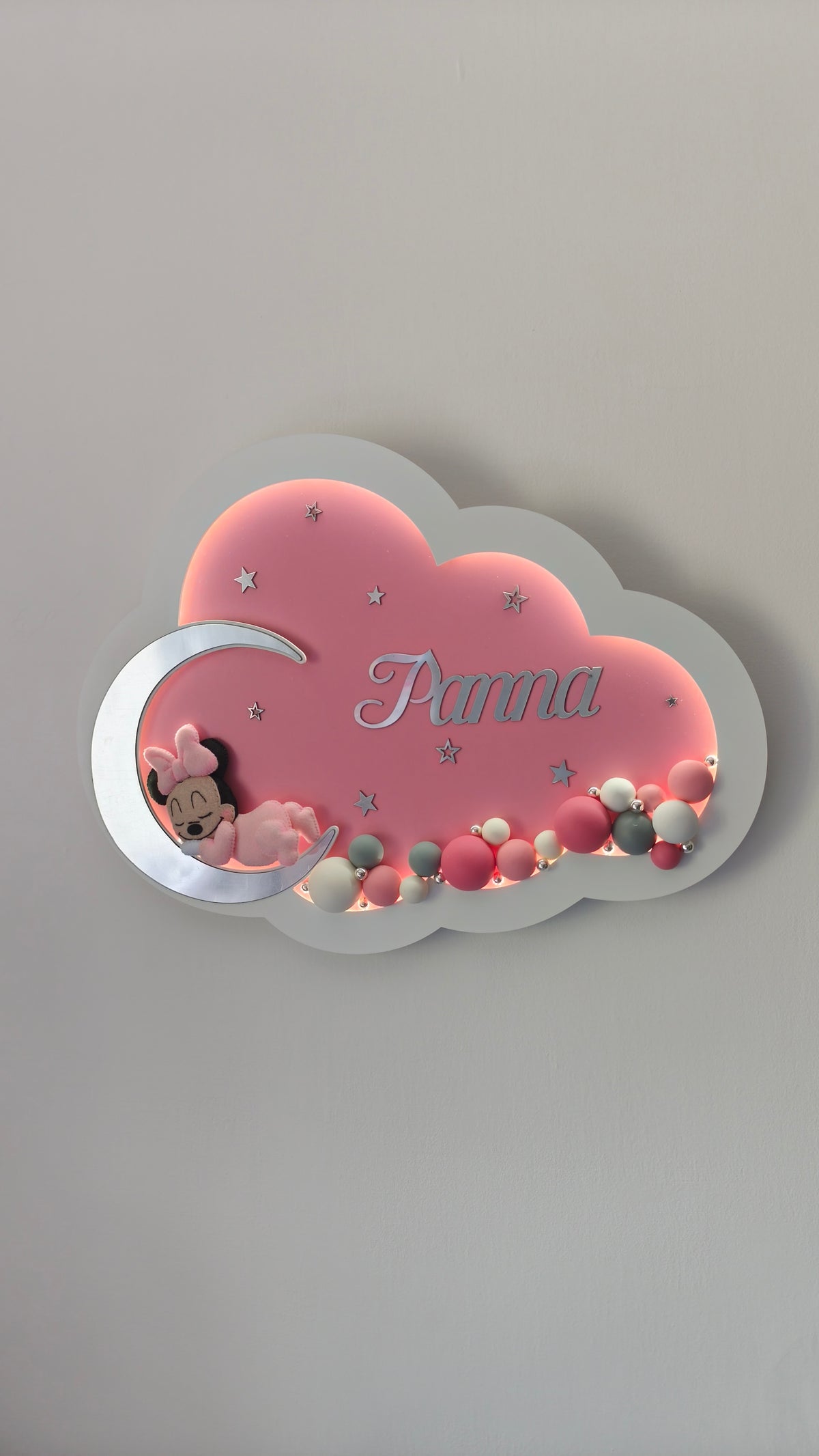 Lampada personalizzata per neonata con Minnie Topolina e palloncini rosa, idea regalo nascita e luce da parete