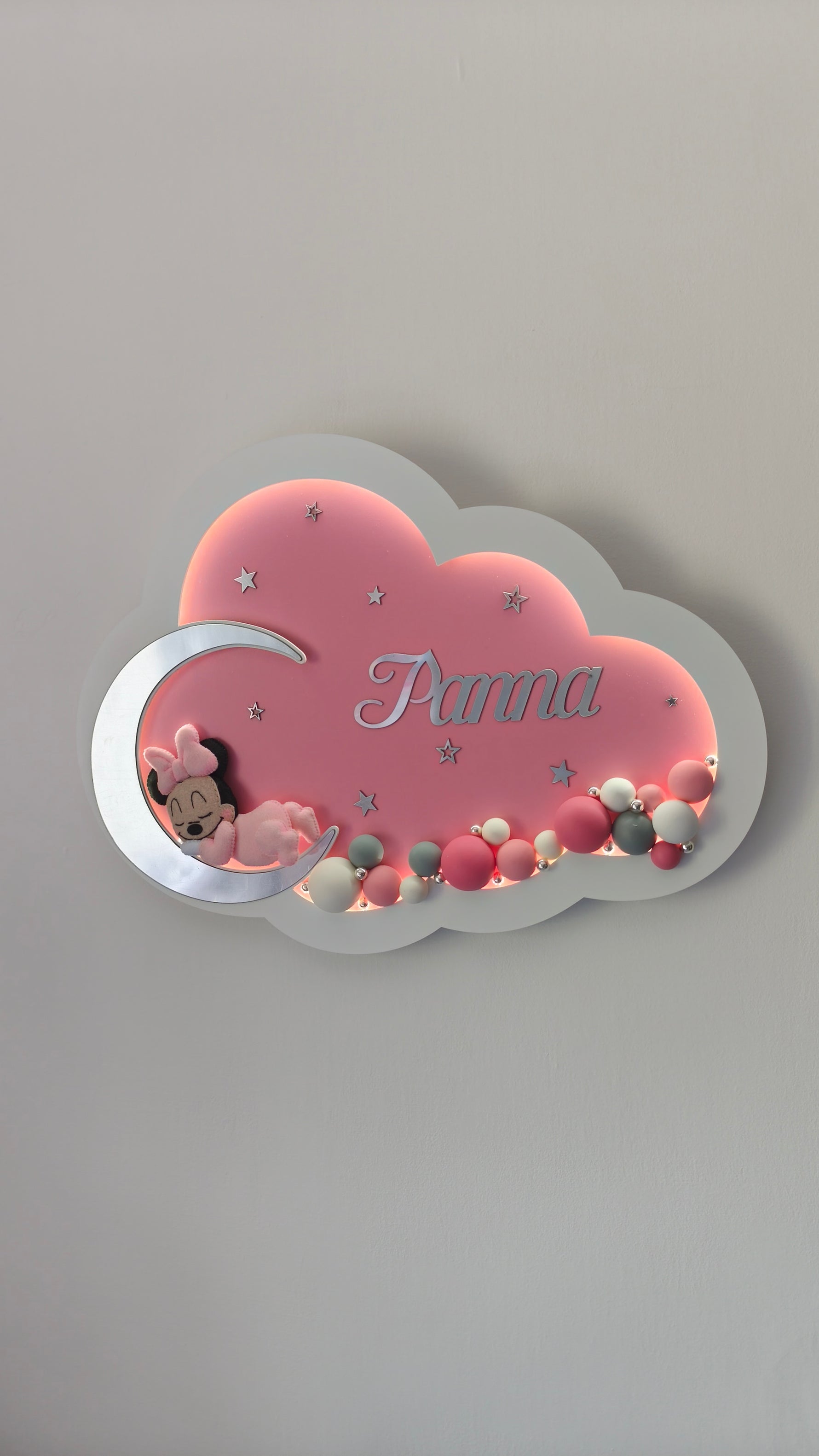 Lampada personalizzata per neonata con Minnie Topolina e palloncini rosa, idea regalo nascita e luce da parete