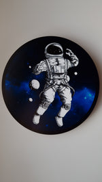 Luce notturna cameretta bambino con astronauta nello spazio, sfondo galassia blu, formato circolare, personalizzabile con nome