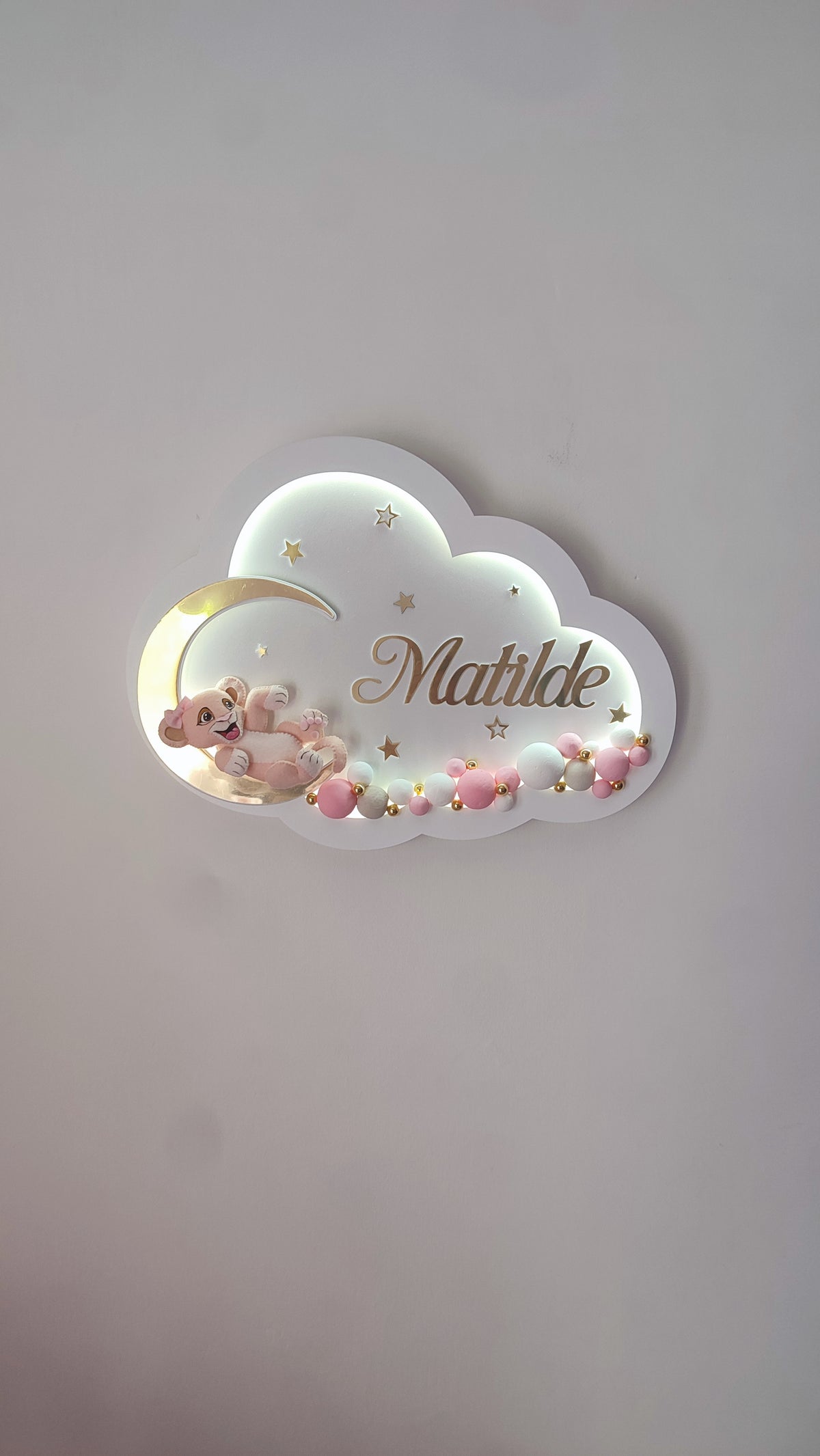 Lampada nuvola led cameretta neonata nome personalizzato leone rosa luna oro stelle pompon regalo bimba
