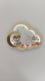 Lampada nuvola personalizzata con nome bambina, cagnolino e luna oro, perline rosa e dorate