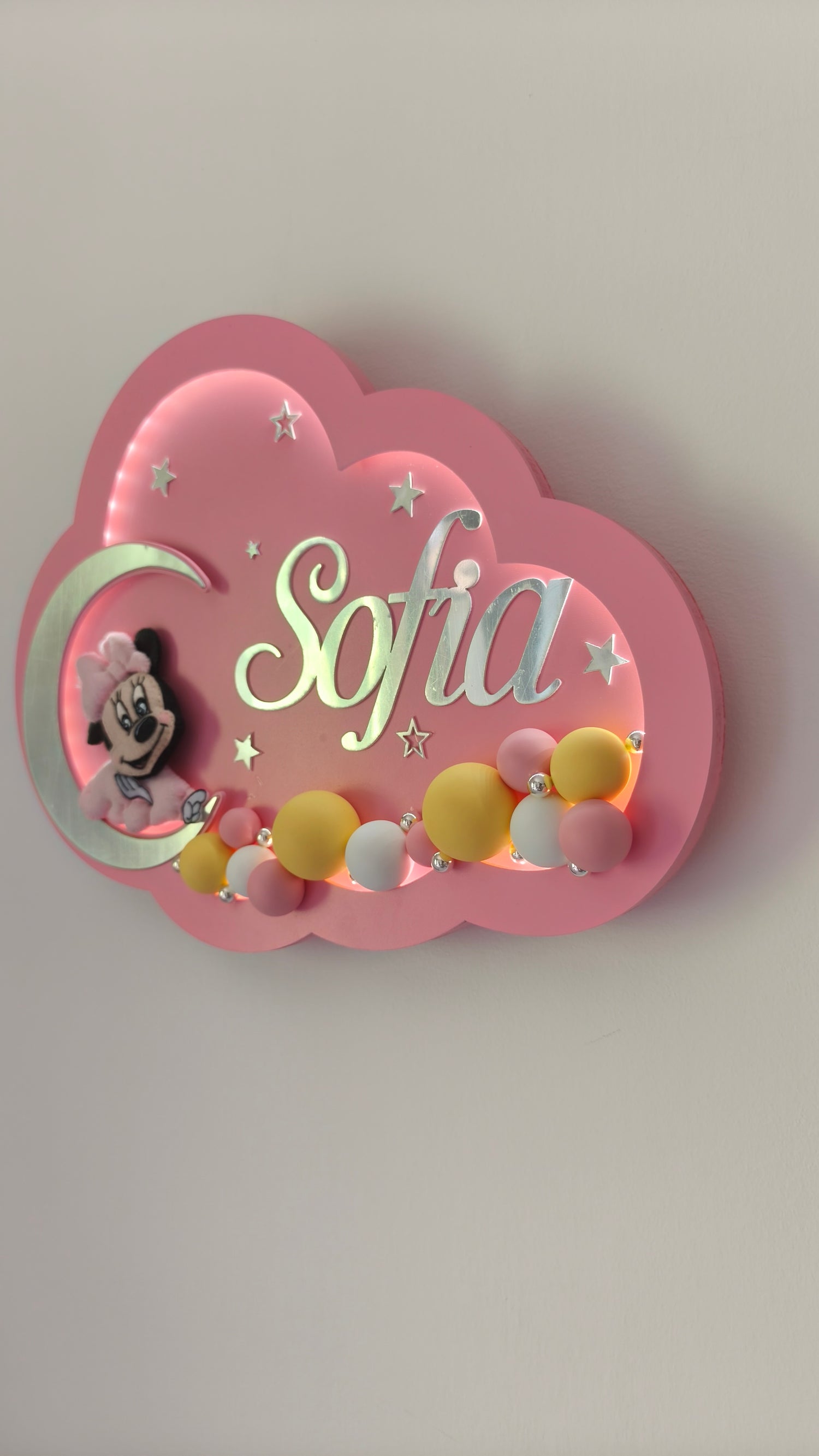 Lampada nuvola rosa personalizzata con nome bambina, luna argento, topolino e perline colorate