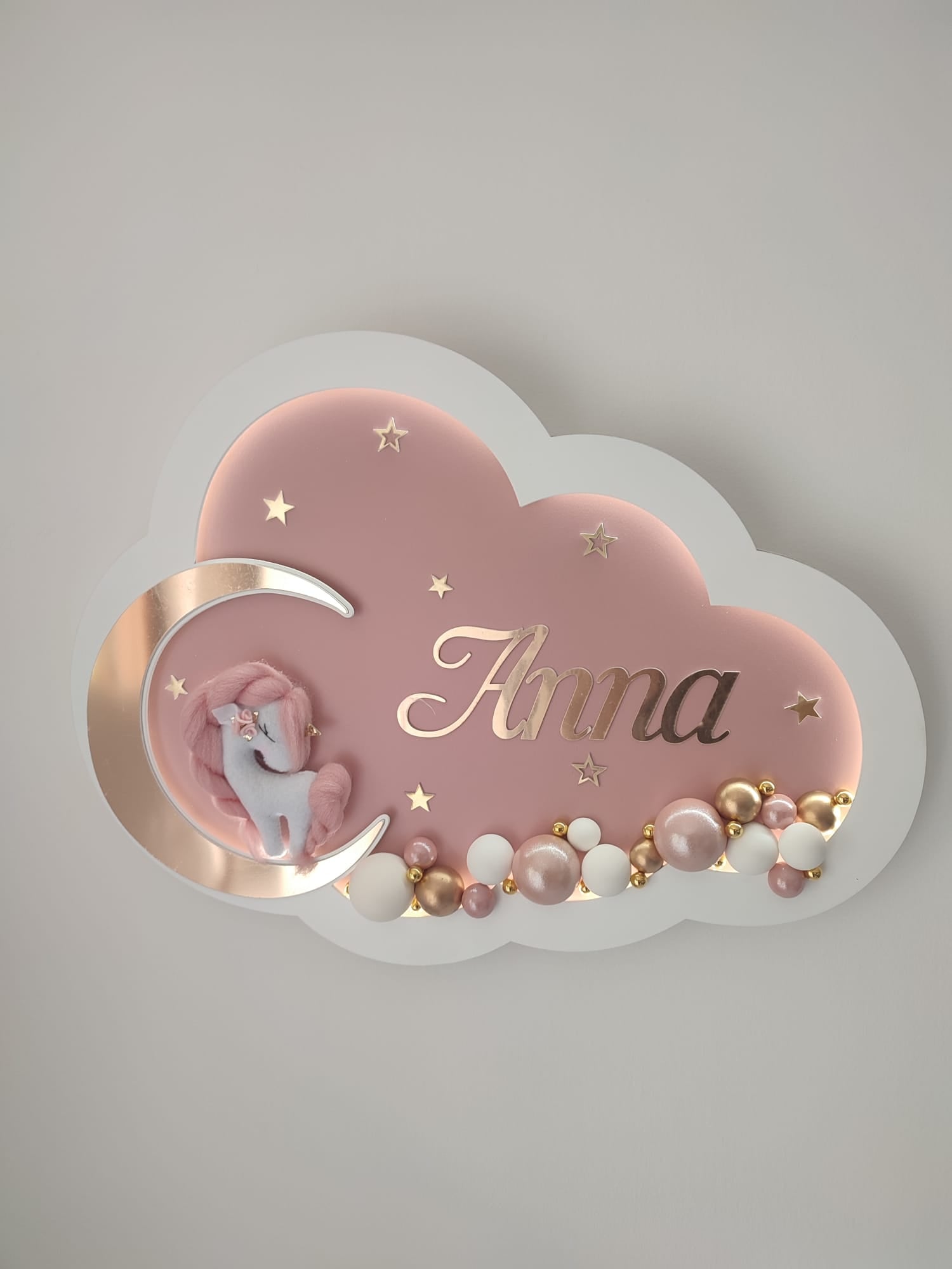 Lampada led nuvola rosa antico con nome bimba oro rosa, unicorno e perline dorate