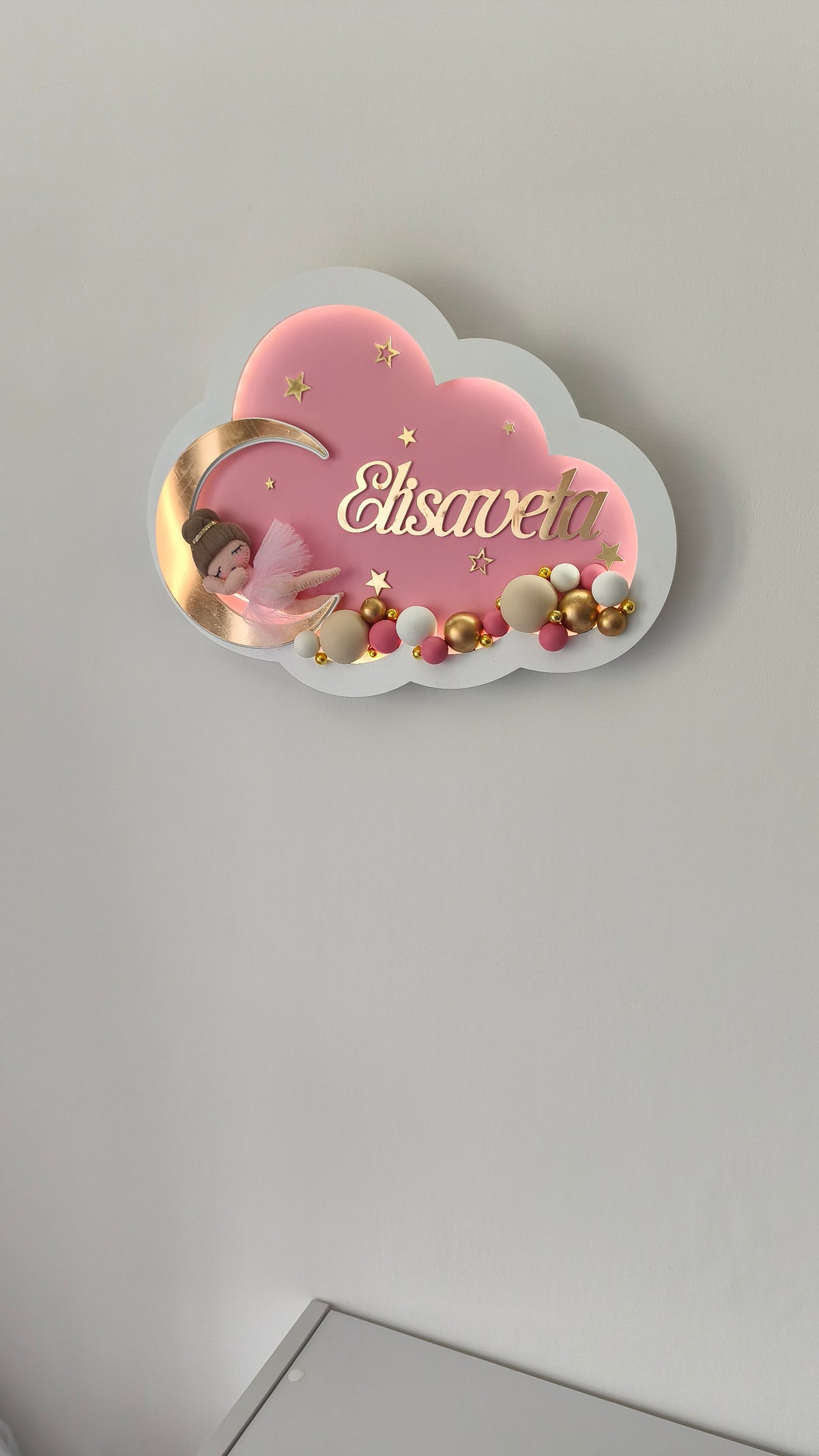 Lampada led nuvola rosa con nome bimba oro, ballerina in tutù e perline dorate