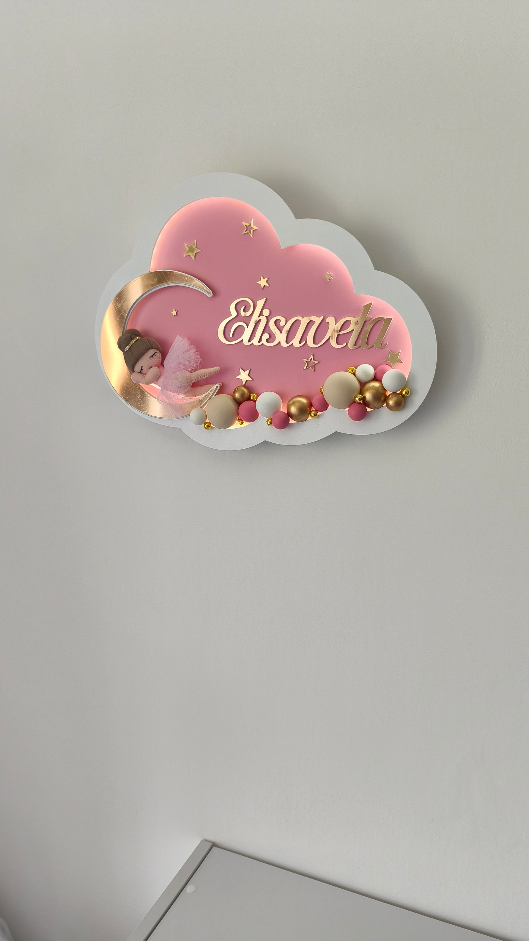 Lampada led nuvola rosa con nome bimba oro, ballerina in tutù e perline dorate