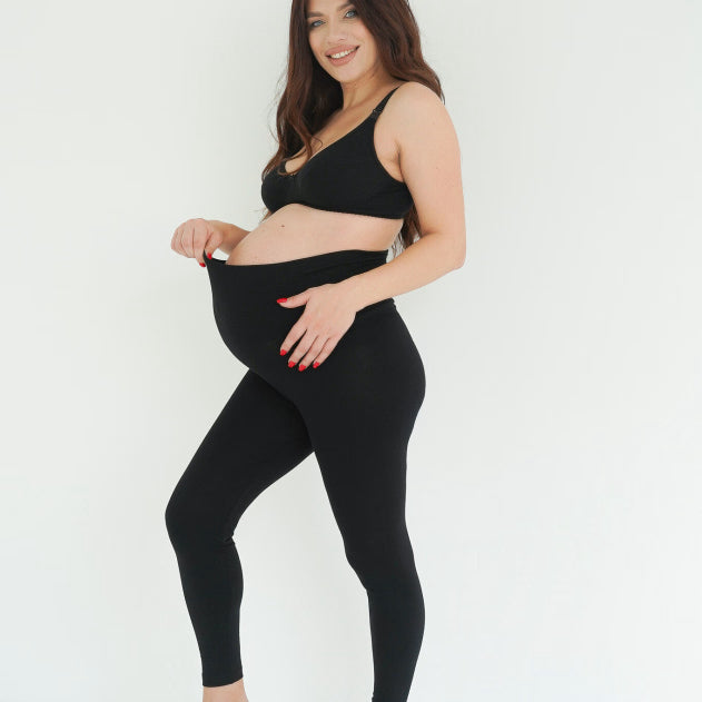 Leggings premaman in cotone neri Simple&Basic con fascia alta, vista frontale intera