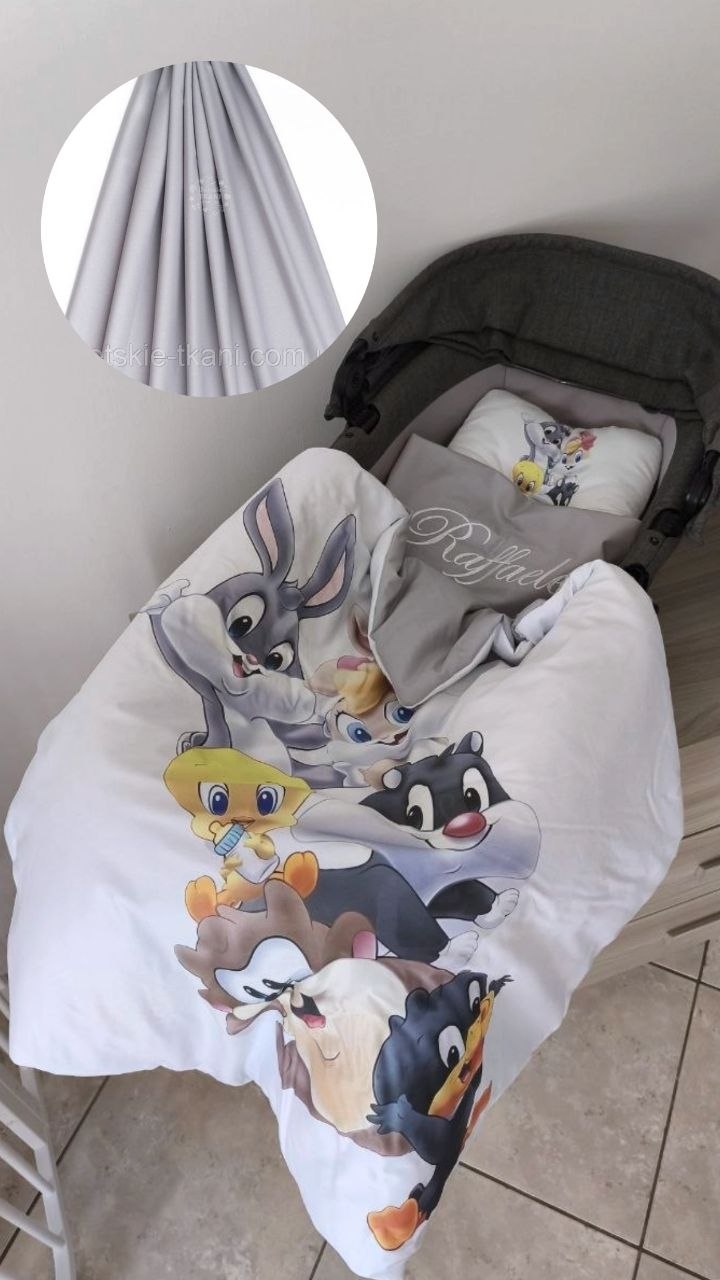 Lenzuola carrozzina neonato personalizzate – Baby Looney Tunes su bianco, retro grigio perla tinta unita