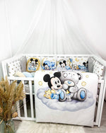 Lettino allestito set baby topolino con orsetto e luna, paracolpi e cuscini, corredino nanna bimbo
