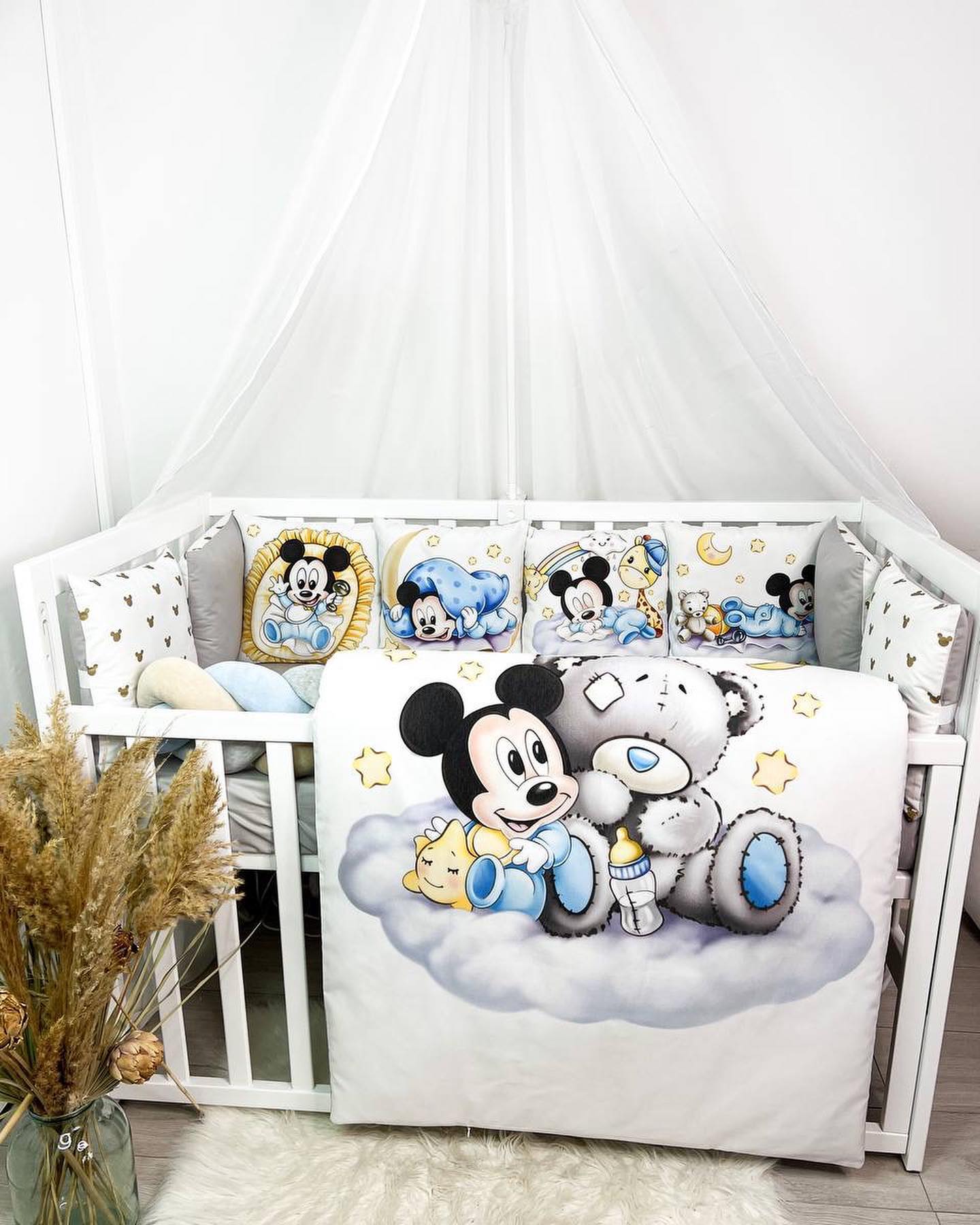 Lettino allestito set baby topolino con orsetto e luna, paracolpi e cuscini, corredino nanna bimbo