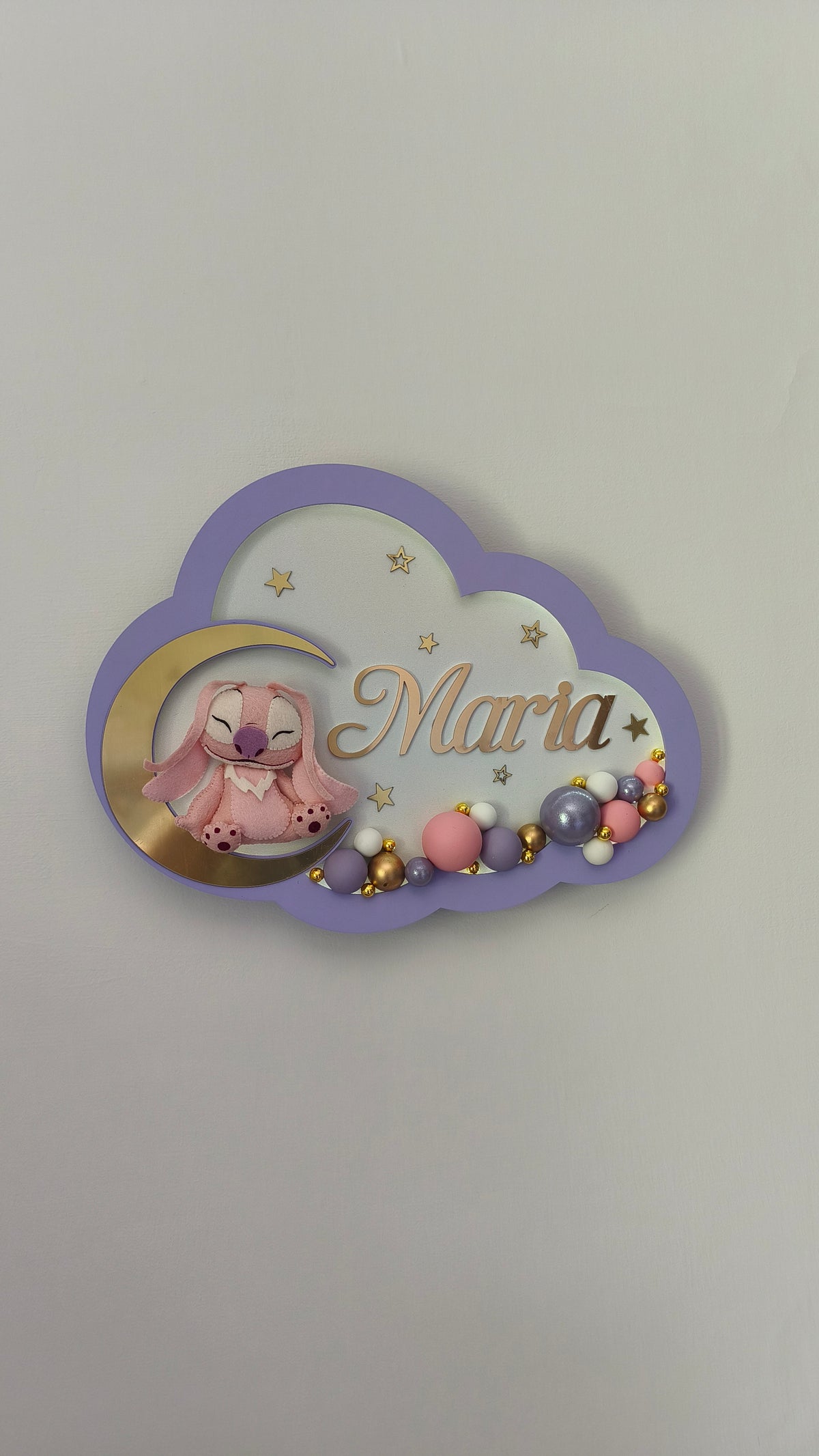 Luce notturna lilla a nuvola personalizzata con nome, Angel di Stitch sulla luna oro e palloncini rosa