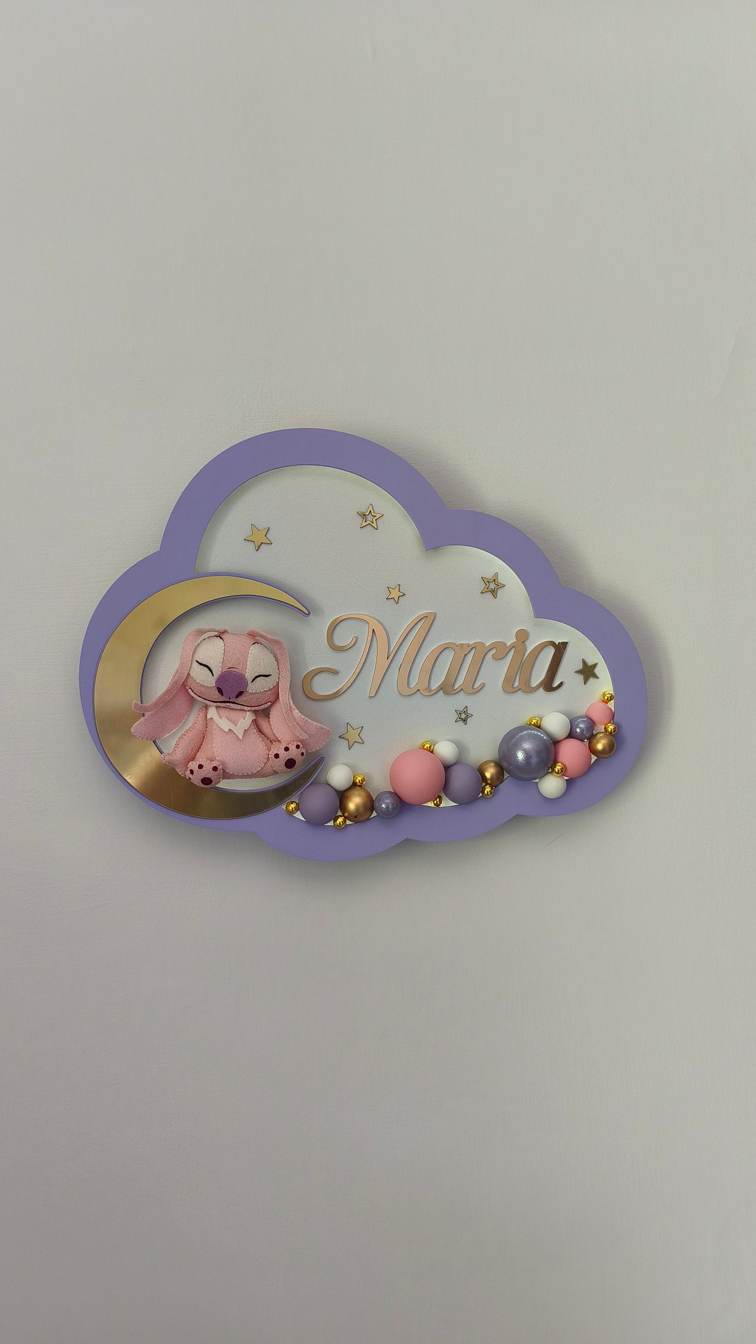 Luce notturna lilla a nuvola personalizzata con nome, Angel di Stitch sulla luna oro e palloncini rosa