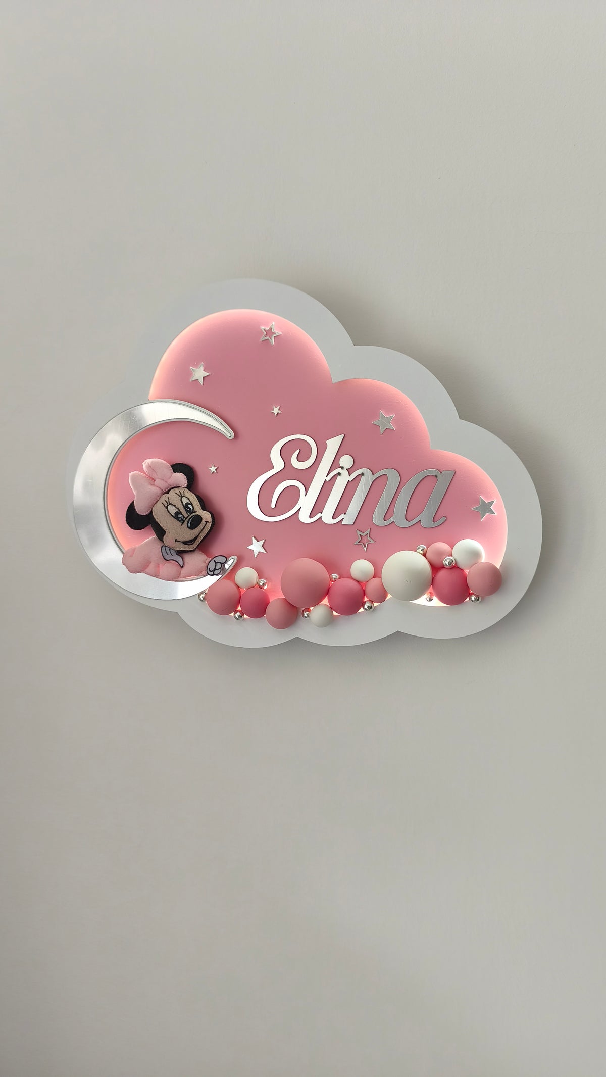 Luce notturna nuvola rosa personalizzata con nome Elina, Minnie sulla luna d'argento e palloncini bianchi e rosa