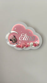 Luce notturna nuvola rosa personalizzata con nome Elina, Minnie sulla luna d'argento e palloncini bianchi e rosa