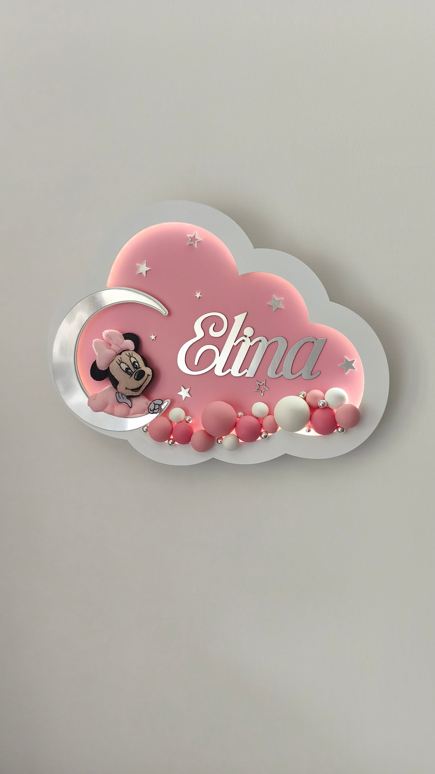 Luce notturna nuvola rosa personalizzata con nome Elina, Minnie sulla luna d'argento e palloncini bianchi e rosa
