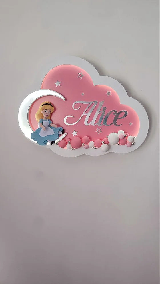 Luce notturna LED a forma di nuvola rosa personalizzata con nome, palline dipinte a mano, Alice in feltro artigianale 