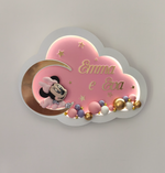 Luce notturna a nuvola rosa con Minnie sulla luna oro, nome personalizzato e palline rosa e oro, lampada cameretta bambina