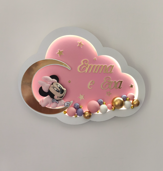 Luce notturna a nuvola rosa con Minnie sulla luna oro, nome personalizzato e palline rosa e oro, lampada cameretta bambina