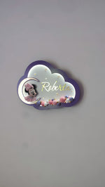 Luce notturna nuvola viola personalizzata con nome Roberta, Minnie sulla luna oro e palloncini lilla e rosa.