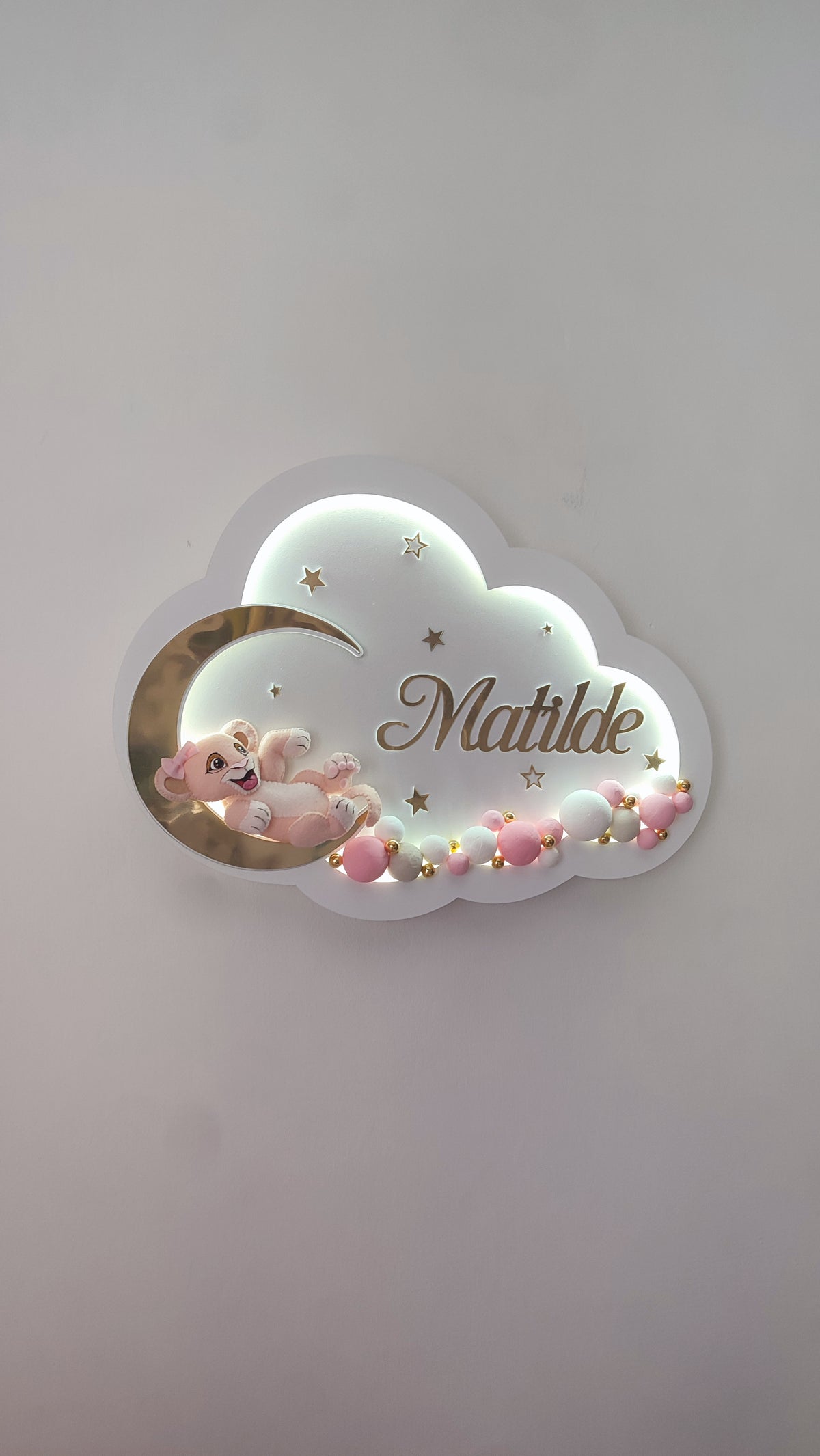 Luce notturna neonata personalizzata nome nuvola led leonessa baby rosa luna oro stelle palline dipinte a mano