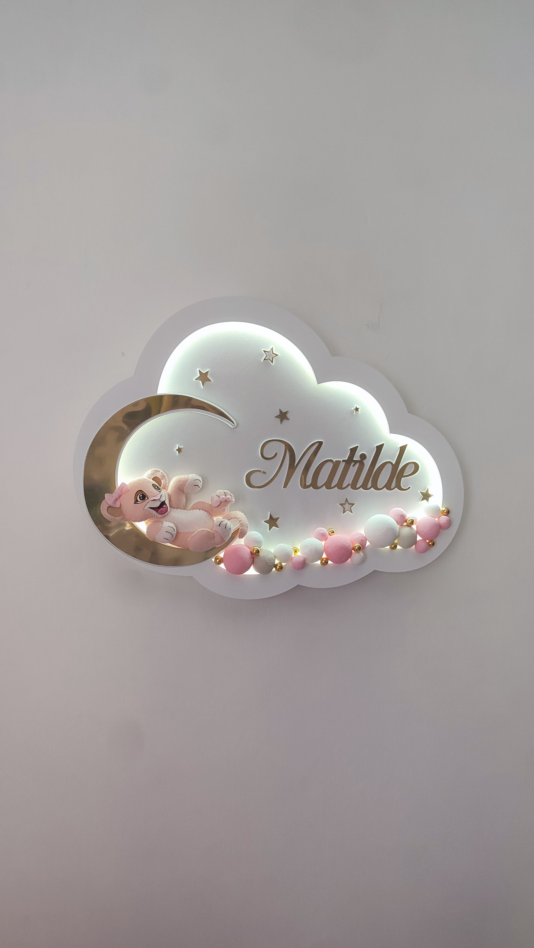 Luce notturna neonata personalizzata nome nuvola led leonessa baby rosa luna oro stelle palline dipinte a mano