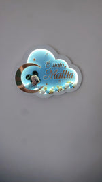 luce notturna nuvola azzurra personalizzata con topolina in feltro luna d’oro, nome e perline colorati per cameretta