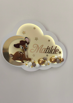 Luce notturna nuvola beige con nome Matilde, cerbiatto su luna dorata, luce LED cameretta