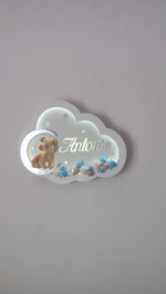 Luce notturna nuvola bianca nome personalizzato, cucciolo leone luna argento e perline azzurre beige, cameretta neonato