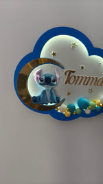 Lampada nuvola blu a LED con Stitch e nome personalizzato inciso, decorazioni stelle e palline, idea regalo bambino cameretta