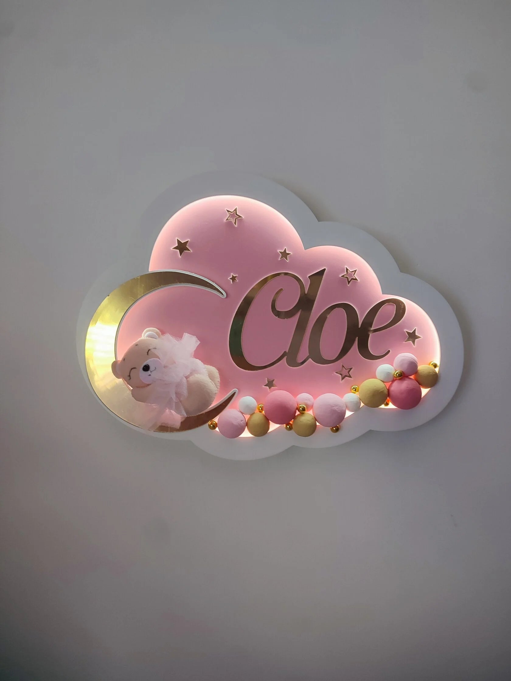 luce notturna nuvola LED rosa con orsetto su luna oro, nome personalizzato, perline dipinte a mano rosa e oro