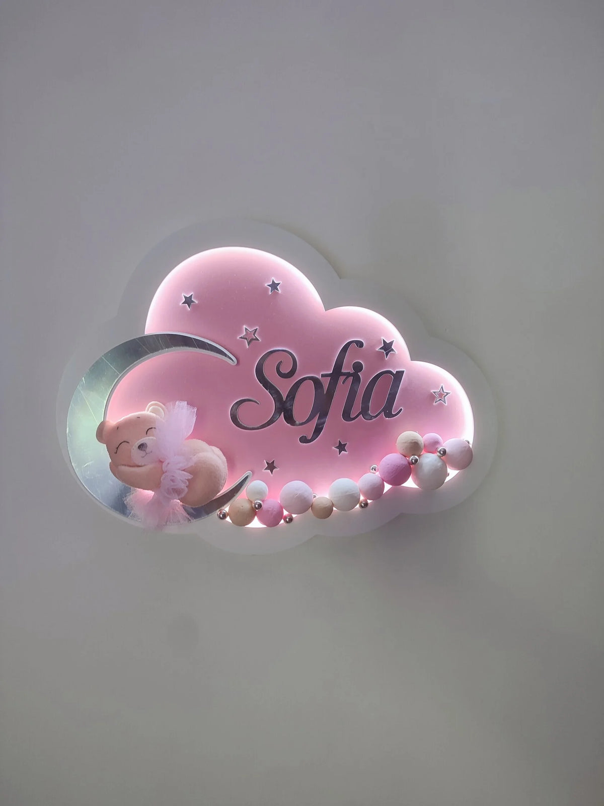 Luce notturna nuvola LED rosa con orsetto in tutù su luna argento, nome personalizzato, perline rosa e beige