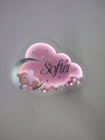 Luce notturna nuvola LED rosa con orsetto in tutù su luna argento, nome personalizzato, perline rosa e beige
