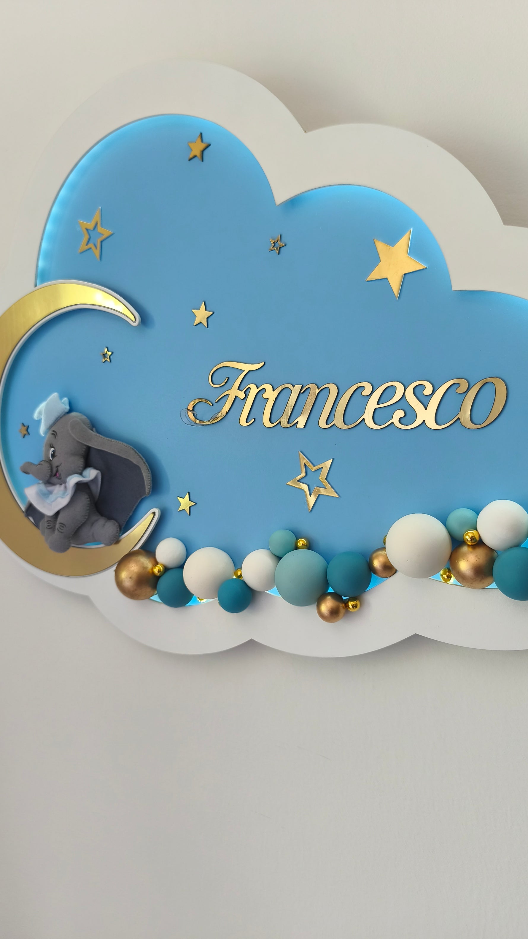 Lampada nuvola personalizzata con nome bambino, luna dorata, elefantino e ghirlanda di perle